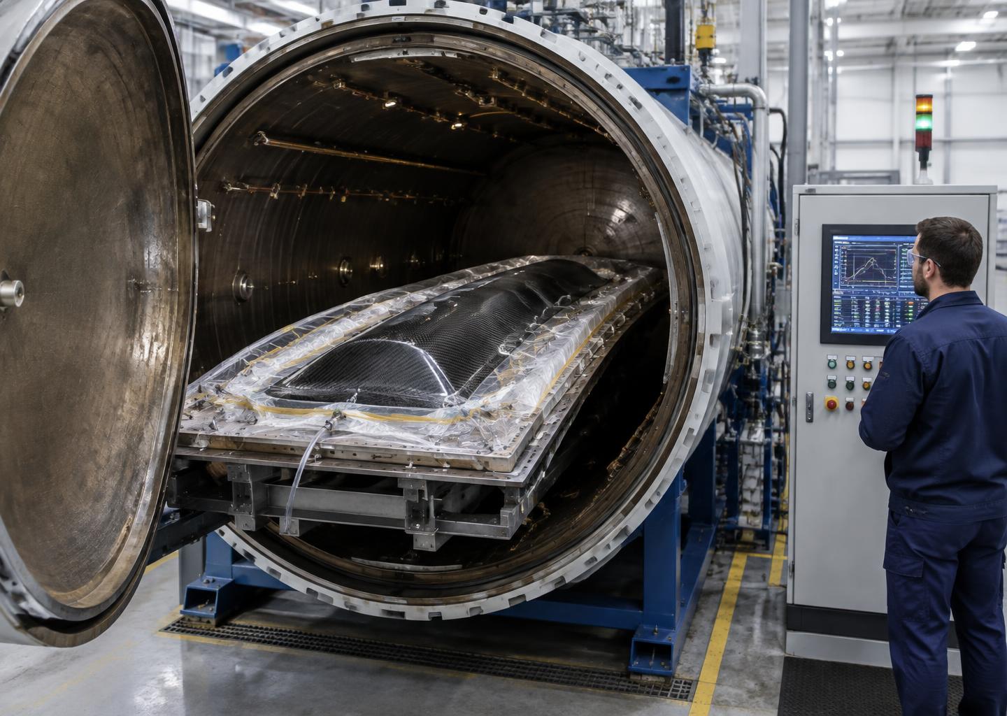 Vacuum-bagged carbon fiber part loaded into an industrial autoclave for cure