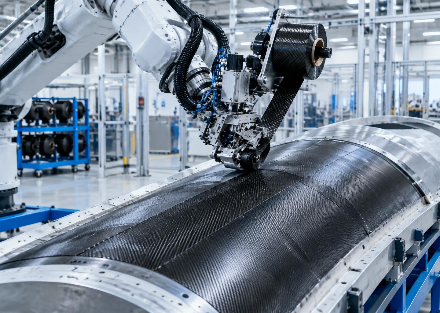 Robotic fiber placement head laying carbon fiber tows onto a large curved mold