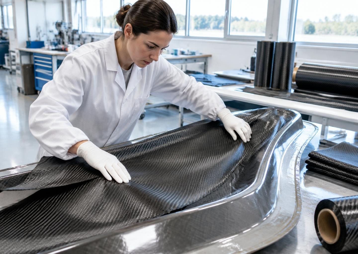 Technician laying carbon fiber prepreg plies onto a mold in a clean workshop